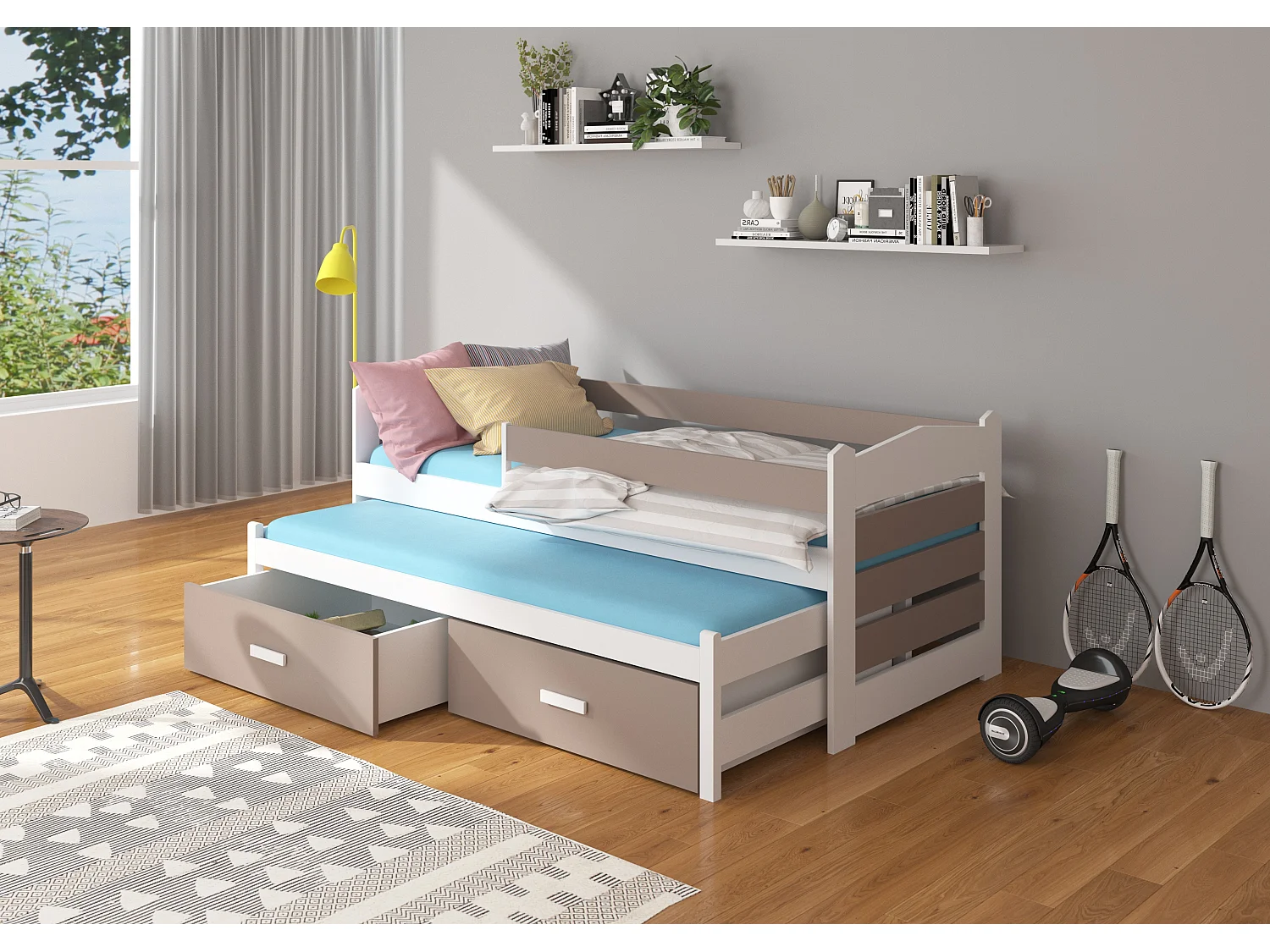 Lit gigogne blanc et taupe 2 couchages 90x200 avec 2 coffres de rangement Kuska