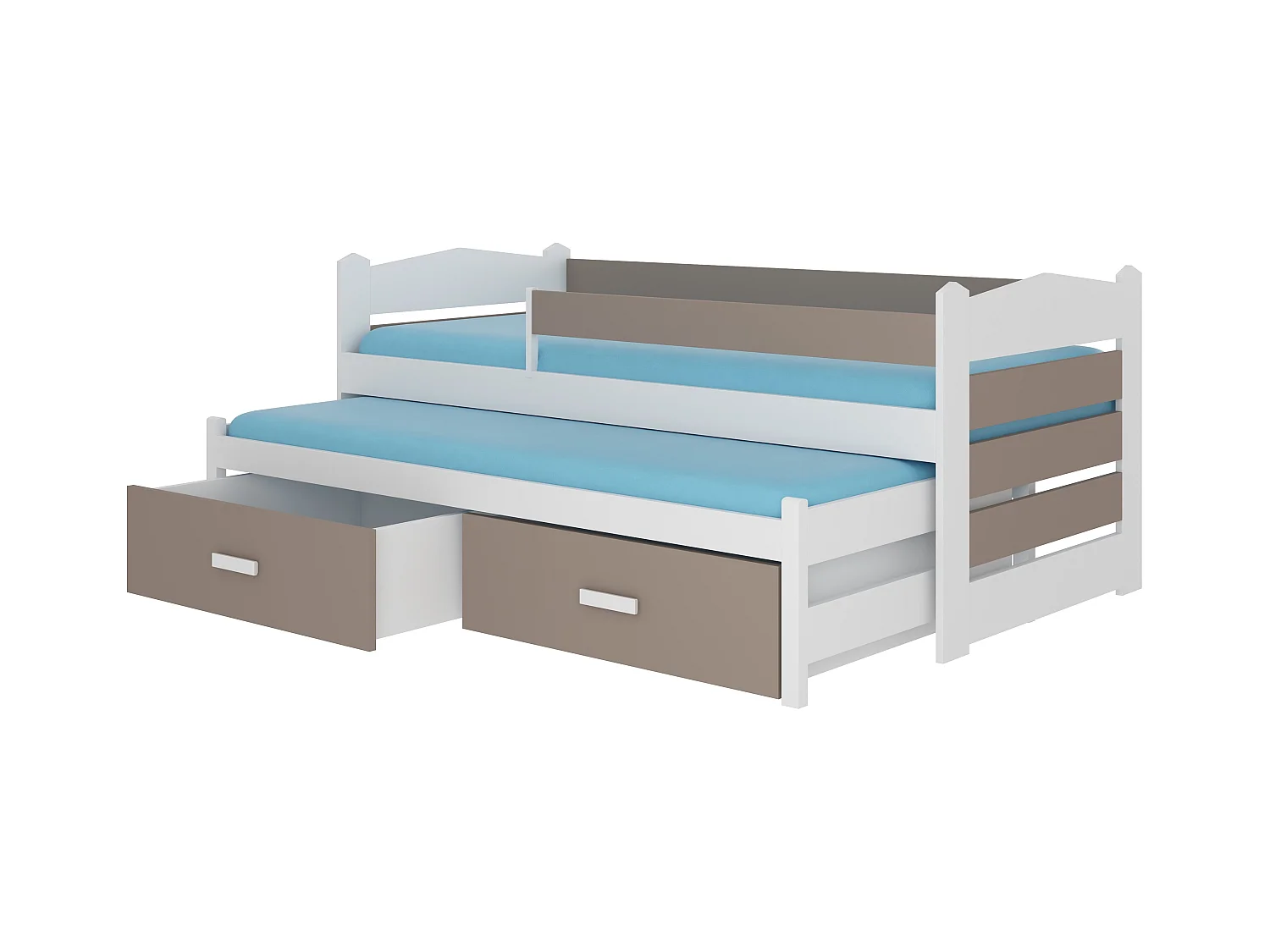 Lit gigogne blanc et taupe 2 couchages 90x200 avec 2 coffres de rangement Kuska