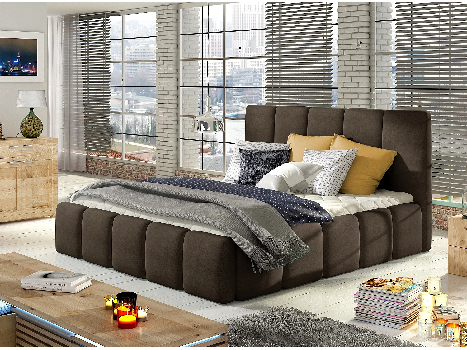 Vika modern gestoffeerd fluwelen bed-Kleur Bruin-Slapen 140x200cm-Versie zonder boxspring