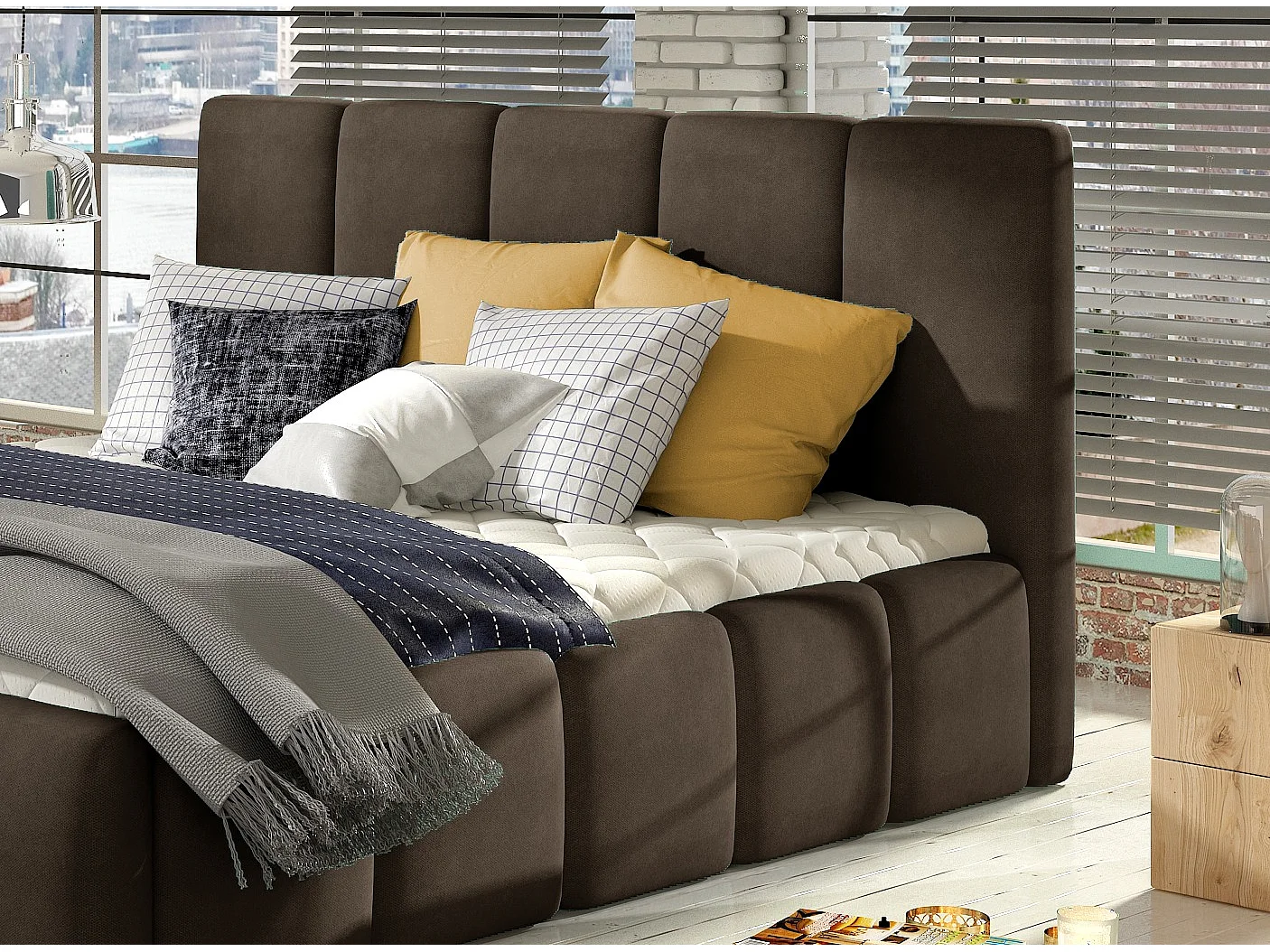 Cama Vika moderna tapizada en terciopelo.-Marrón-140x200 cm