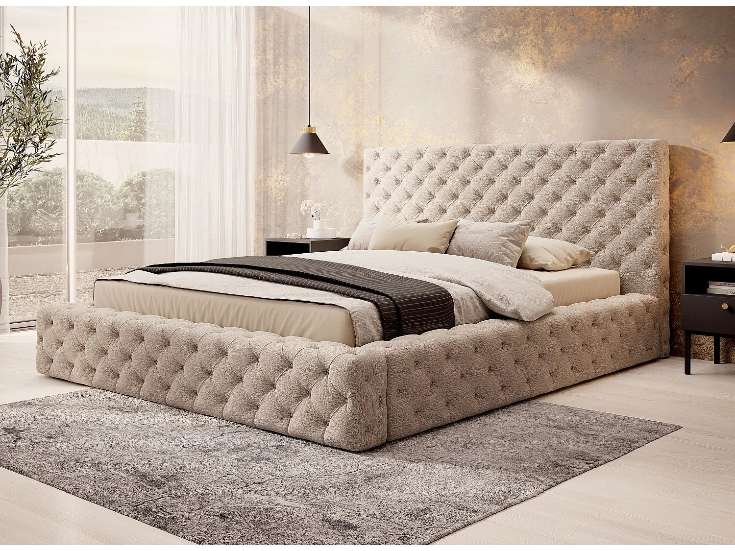 Lit design avec tête de lit et coffre capitonné velours beige foncé Prince - 3 tailles-180x200