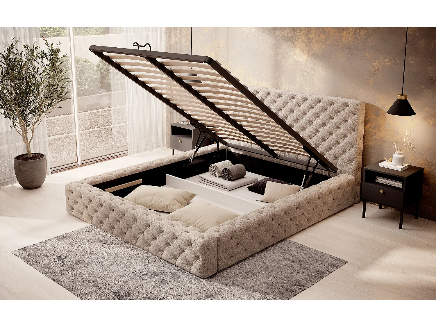 Lit design avec tête de lit et coffre capitonné velours beige foncé Prince - 3 tailles-180x200