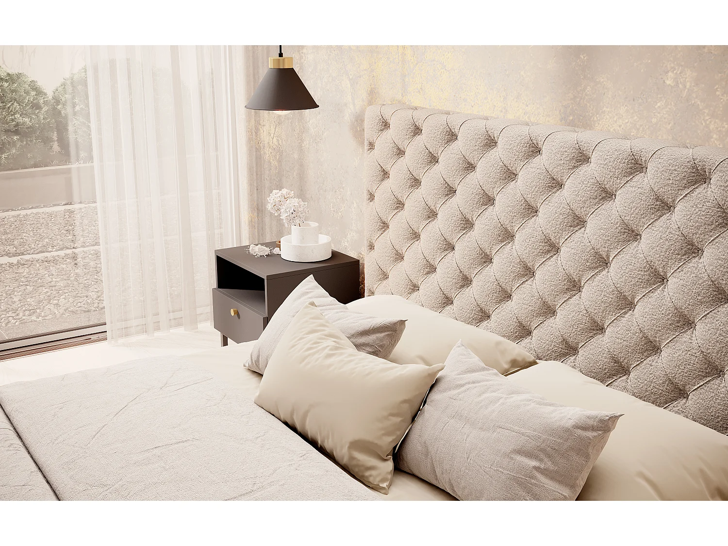 Lit design avec tête de lit et coffre capitonné velours beige foncé Prince - 3 tailles-180x200