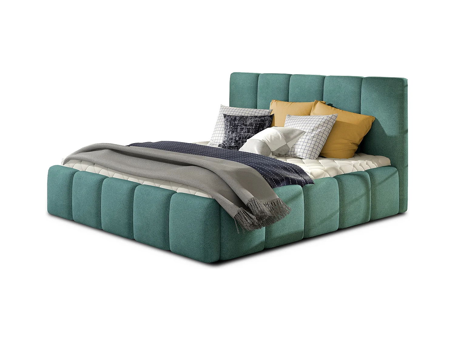 Lit adulte avec coffre de rangement Vika – Tissu capitonné-Vert céladon-140x200