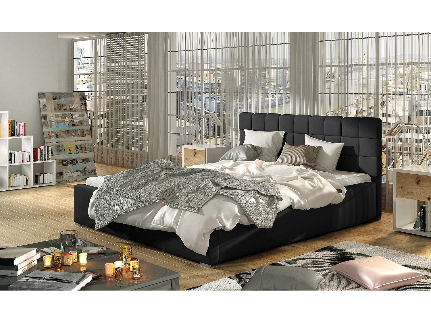 Lit avec coffre de rangement 180x200 capitonné simili cuir noir Kandy