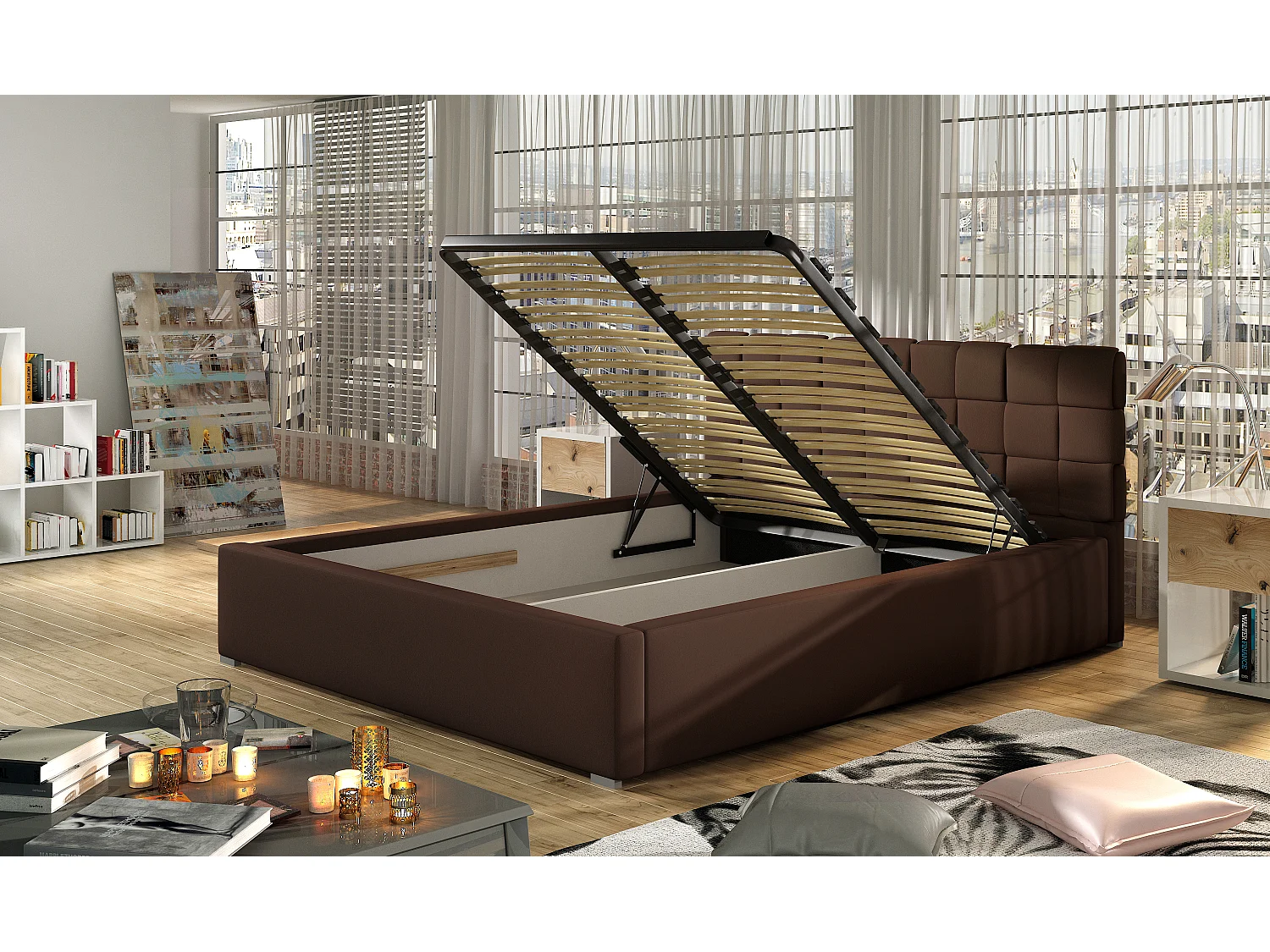 Lit avec coffre de rangement 180x200 capitonné simili cuir noir Kandy