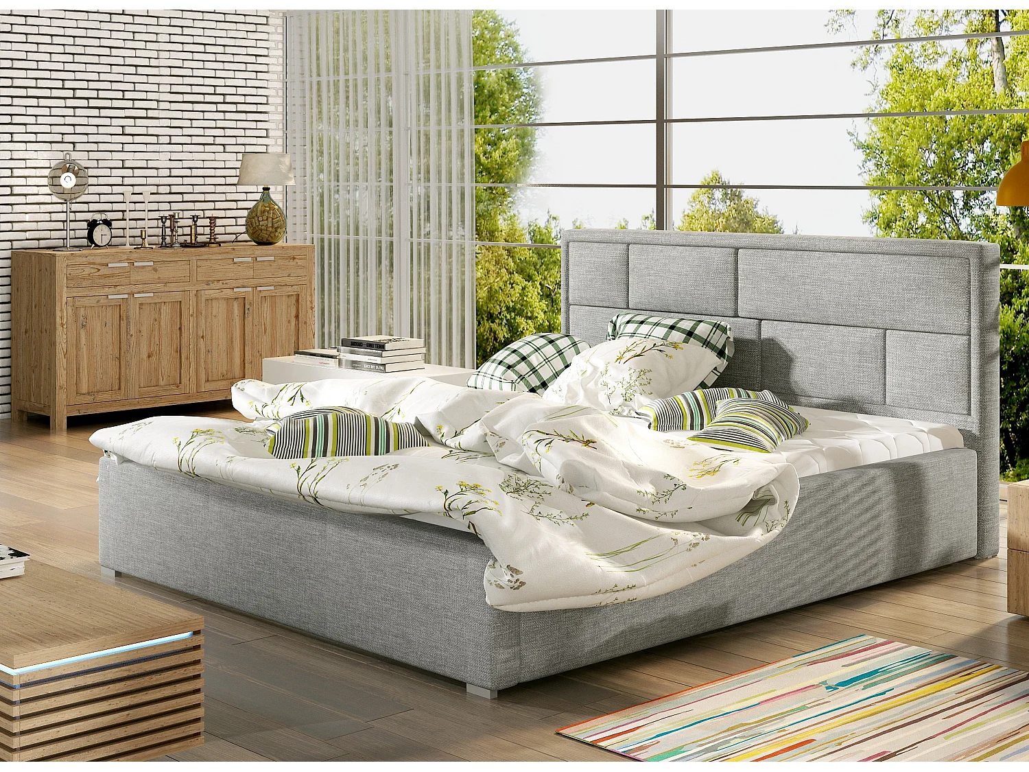 Lit avec coffre tissu gris clair tête de lit capitonnée Lenzo - 4 tailles-160x200