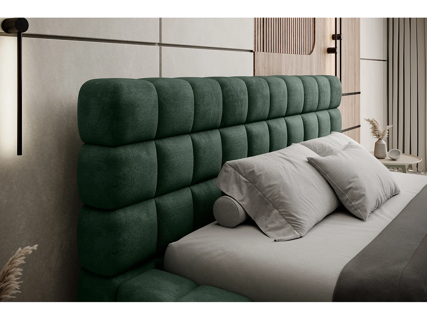 Lit coffre design avec capitonnage velours Kaizer-Couleur Vert épinard-140x200