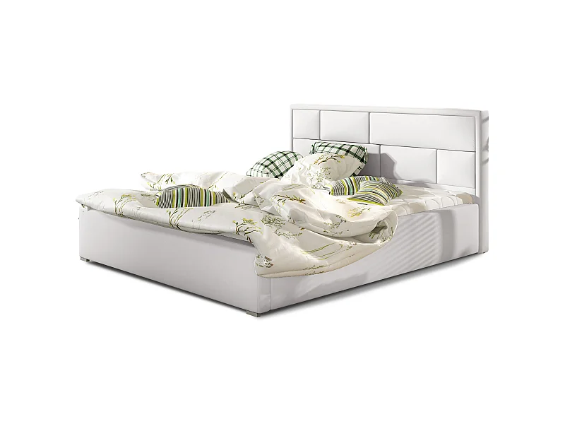 Lit avec coffre simili cuir blanc tête de lit capitonnée Lenzo - 4 tailles-180x200