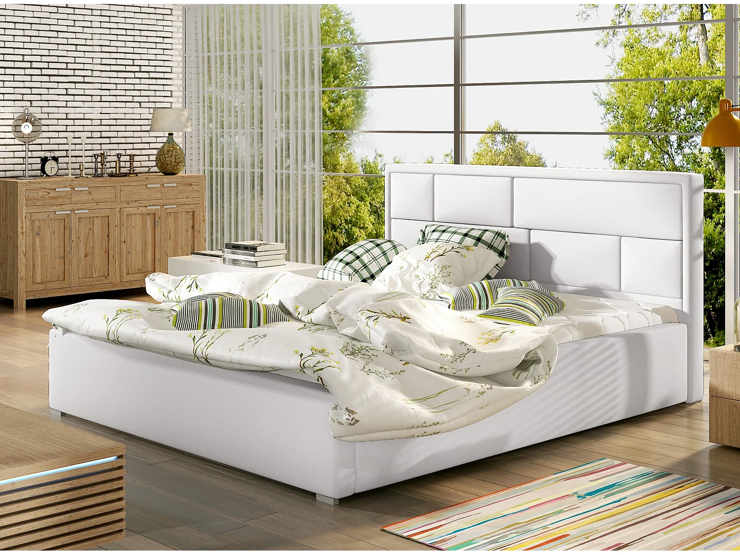 Lit avec coffre simili cuir blanc tête de lit capitonnée Lenzo - 4 tailles-180x200