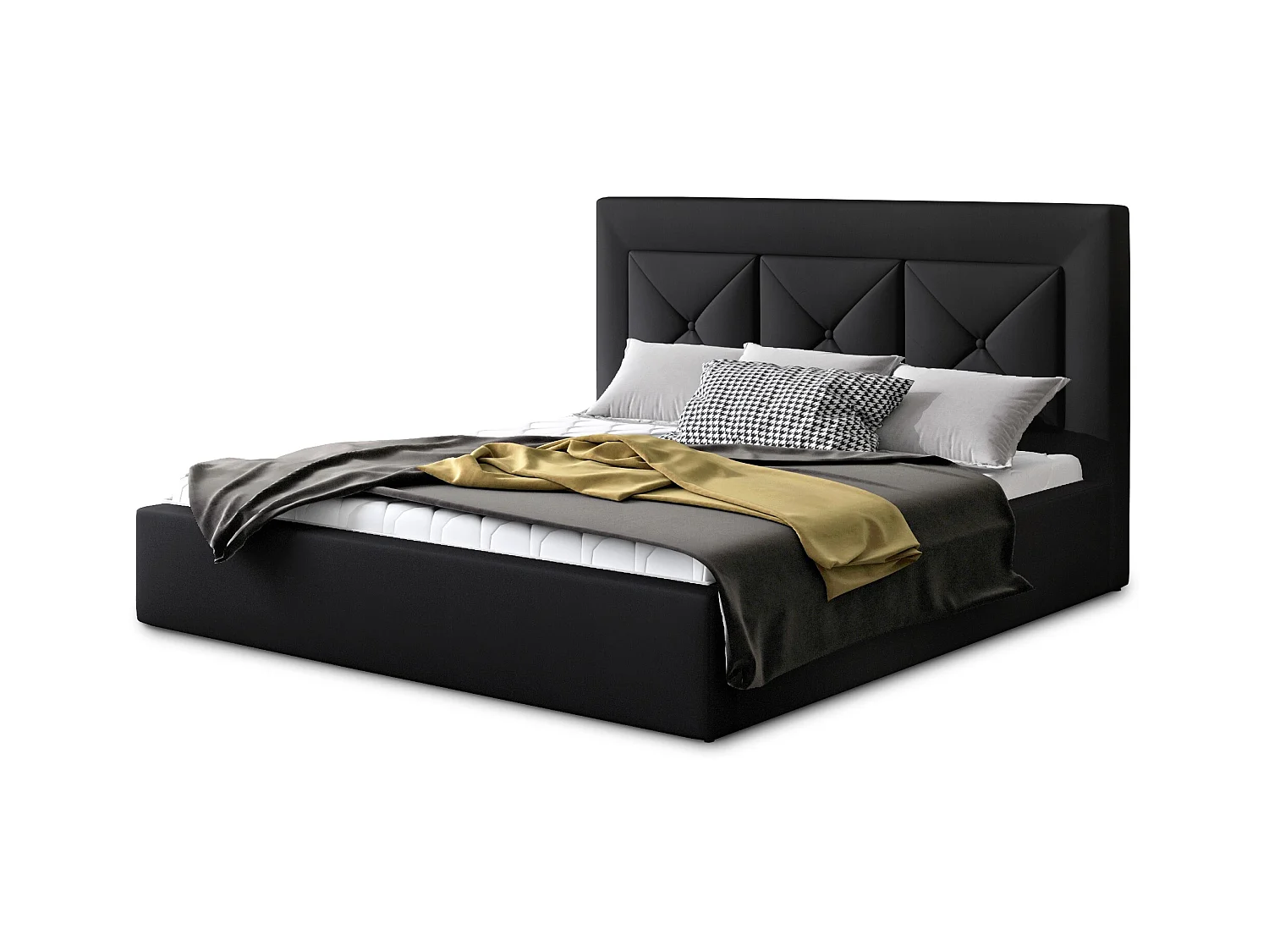 Lit double rembourré en simili cuir Clarin-Couleur Noir-180x200-Version avec sommier