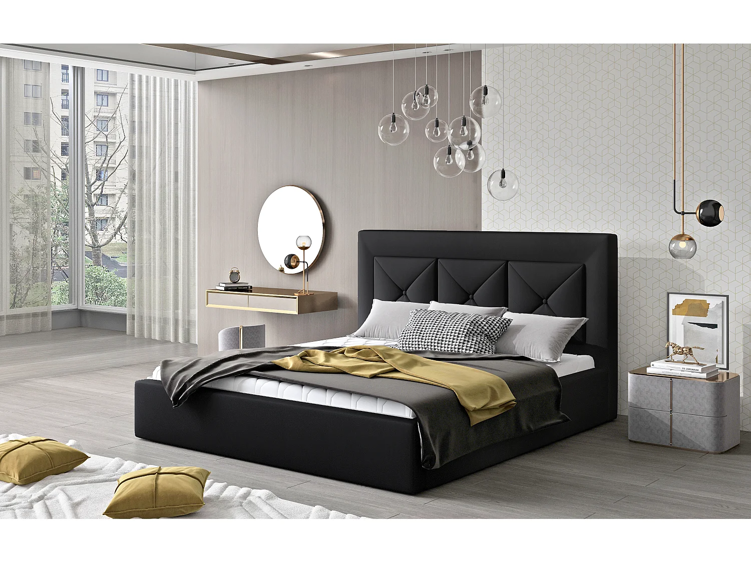 Lit double rembourré en simili cuir Clarin-Couleur Noir-180x200-Version avec sommier