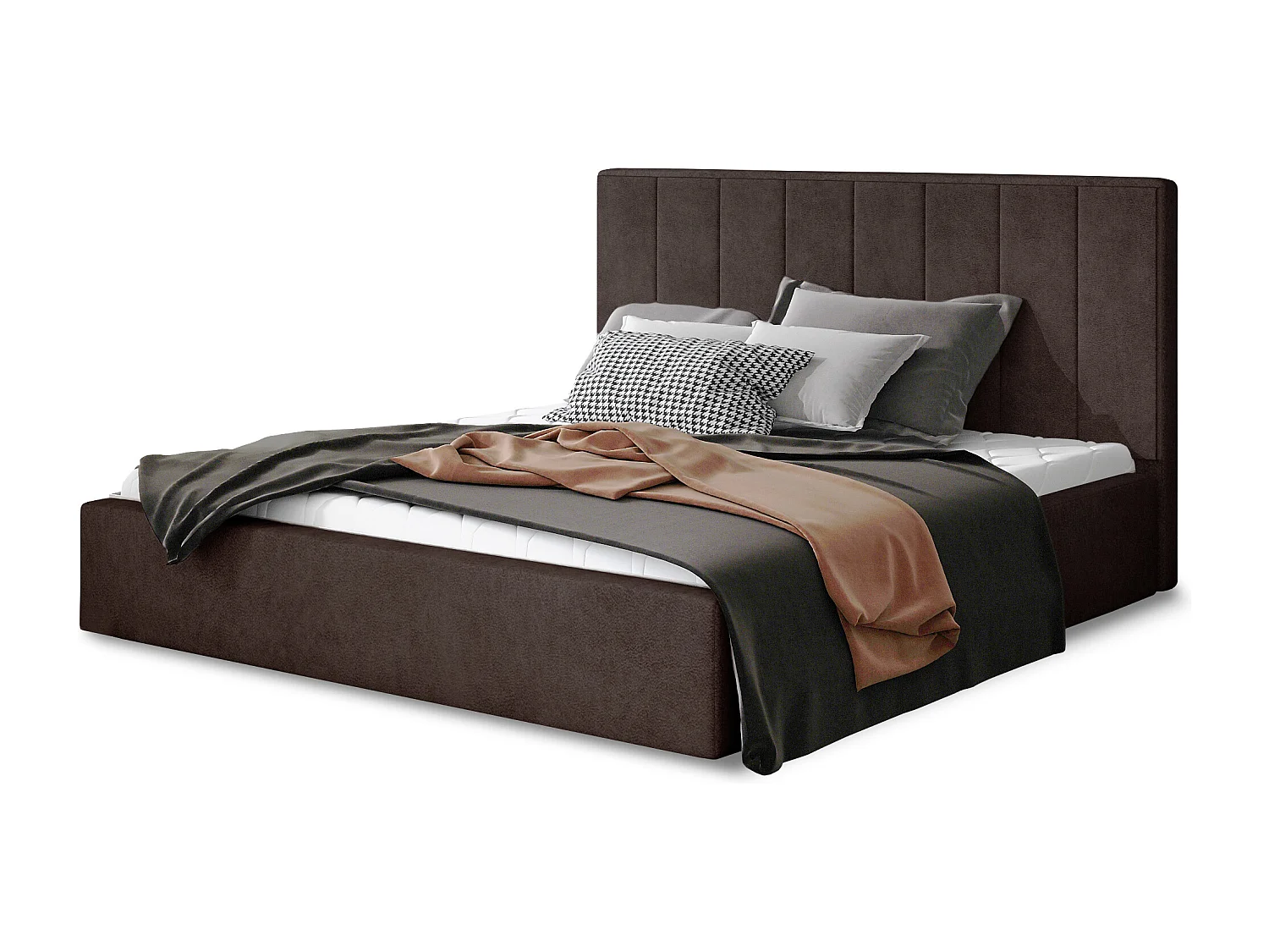 Lit adulte avec coffre de rangement Vareza – Tissu matelassé-Marron foncé-140x200