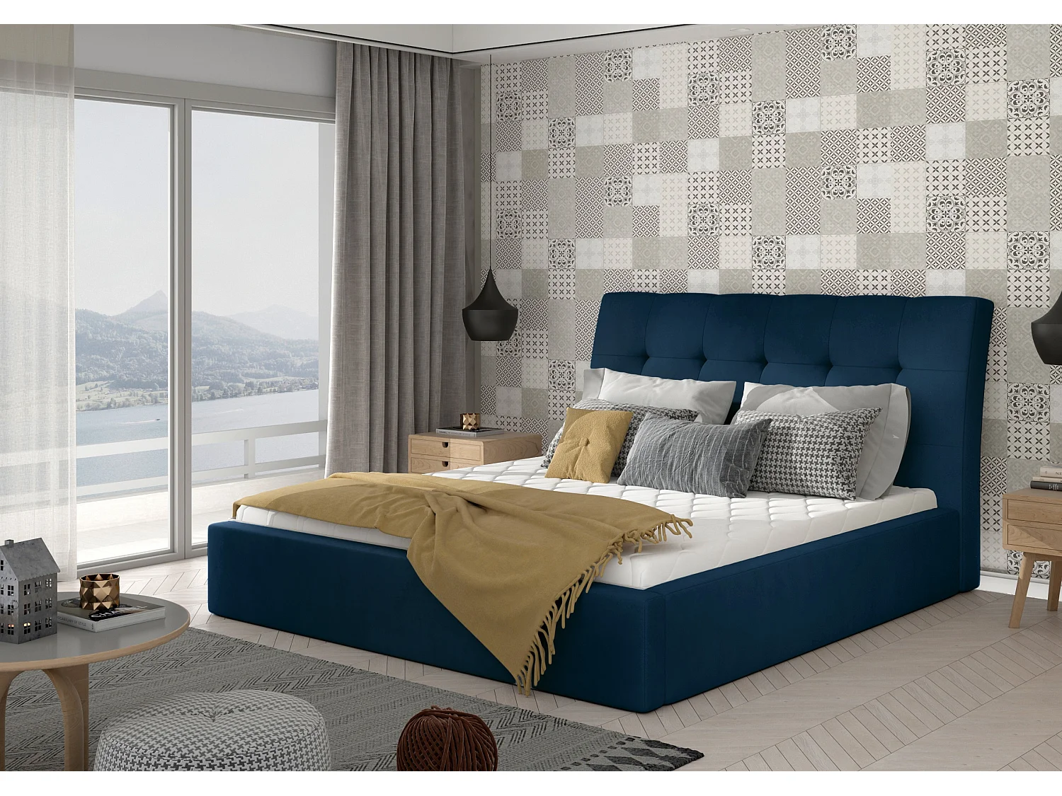 Lit capitonné avec rangement velours bleu foncé Klein - 4 tailles-160x200