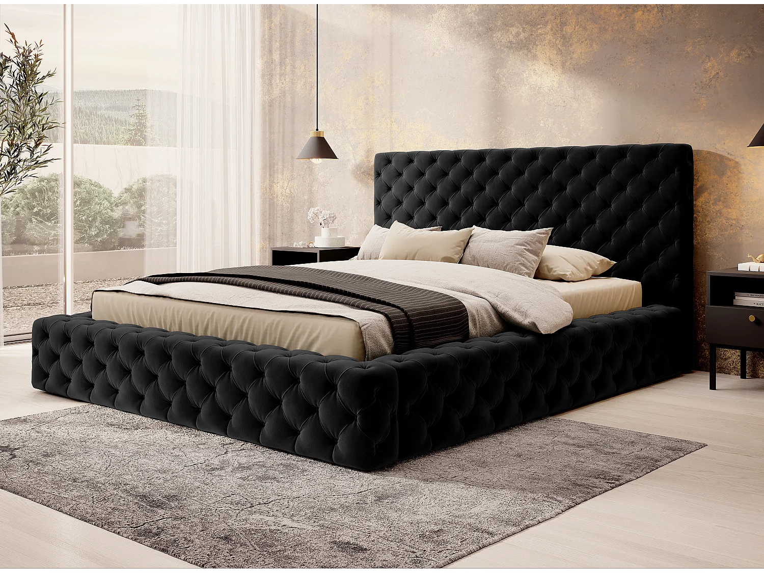 Lit design avec tête de lit et coffre capitonné velours noir Prince - 3 tailles-140x200