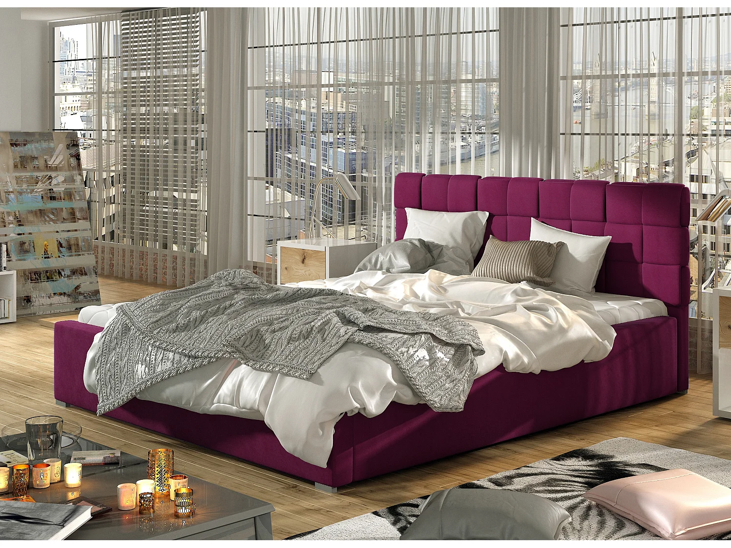 Lit avec coffre de rangement 160x200 capitonné velours bordeaux Kandy