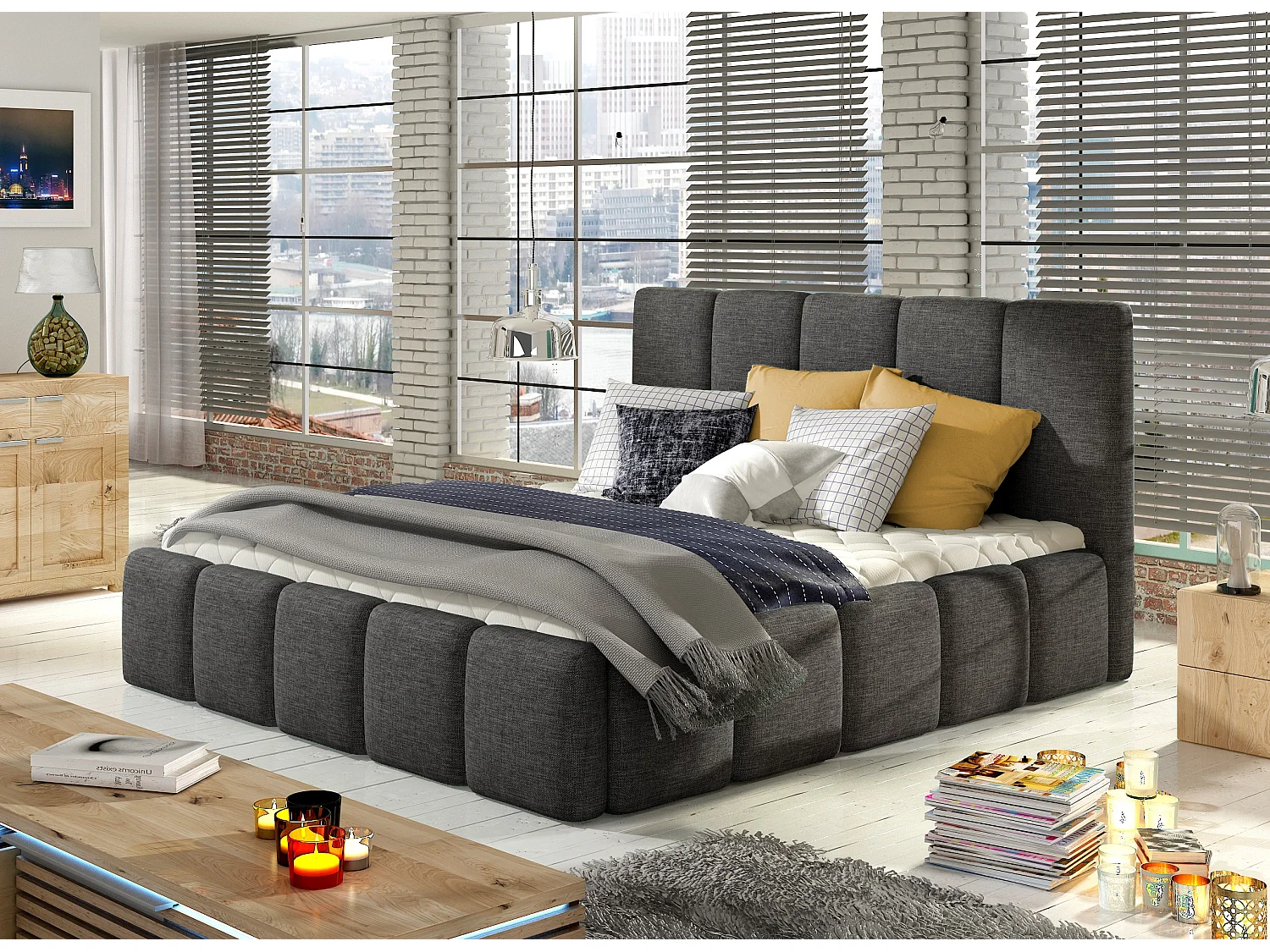 Lit adulte avec coffre de rangement Vika – Tissu capitonné-Gris-140x200