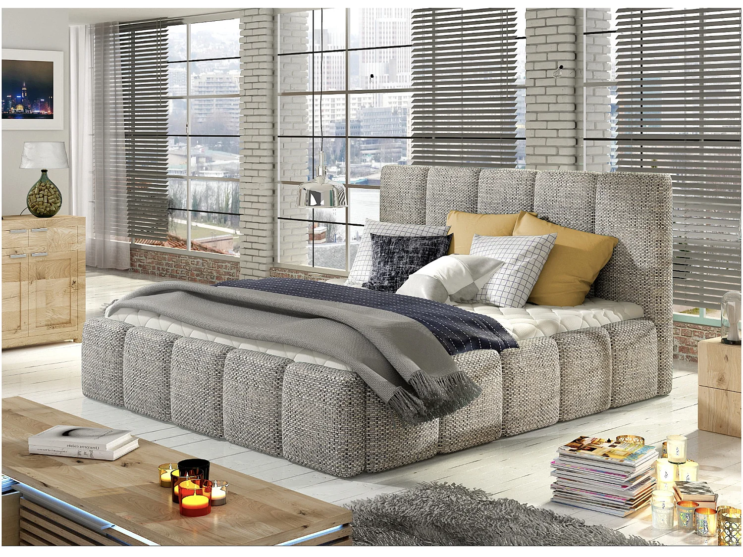 Lit moderne capitonné tissu Vika-Couleur Gris chiné-180x200