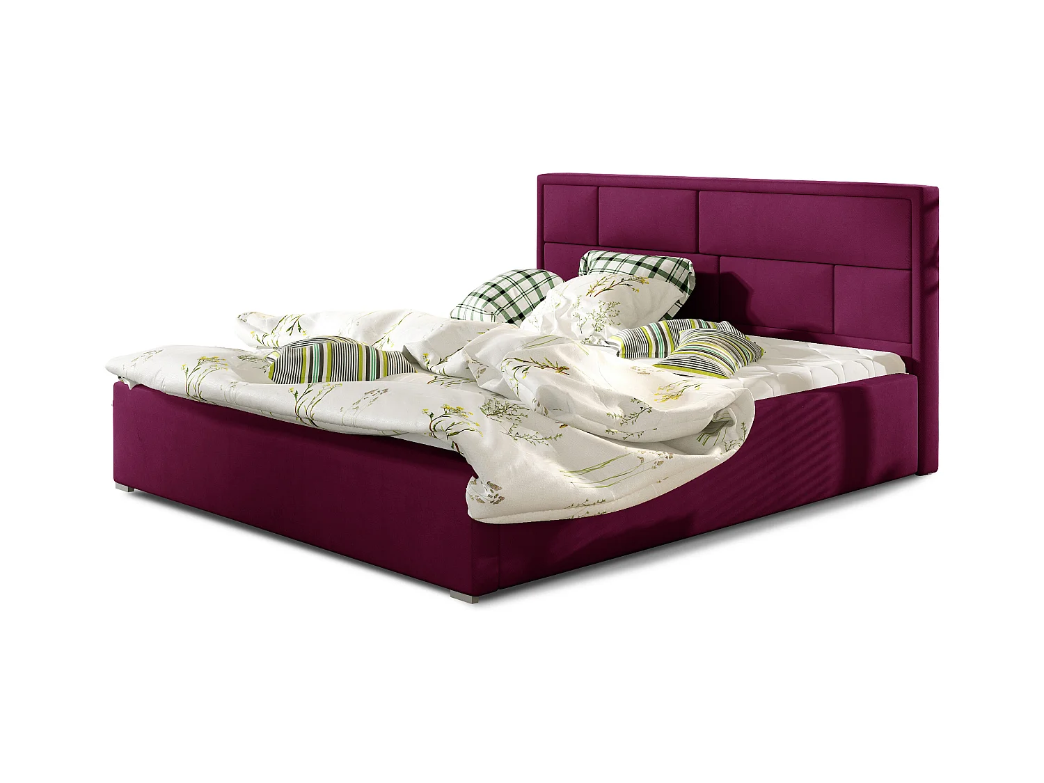 Lit avec coffre velours prune tête de lit capitonnée Lenzo - 4 tailles-180x200