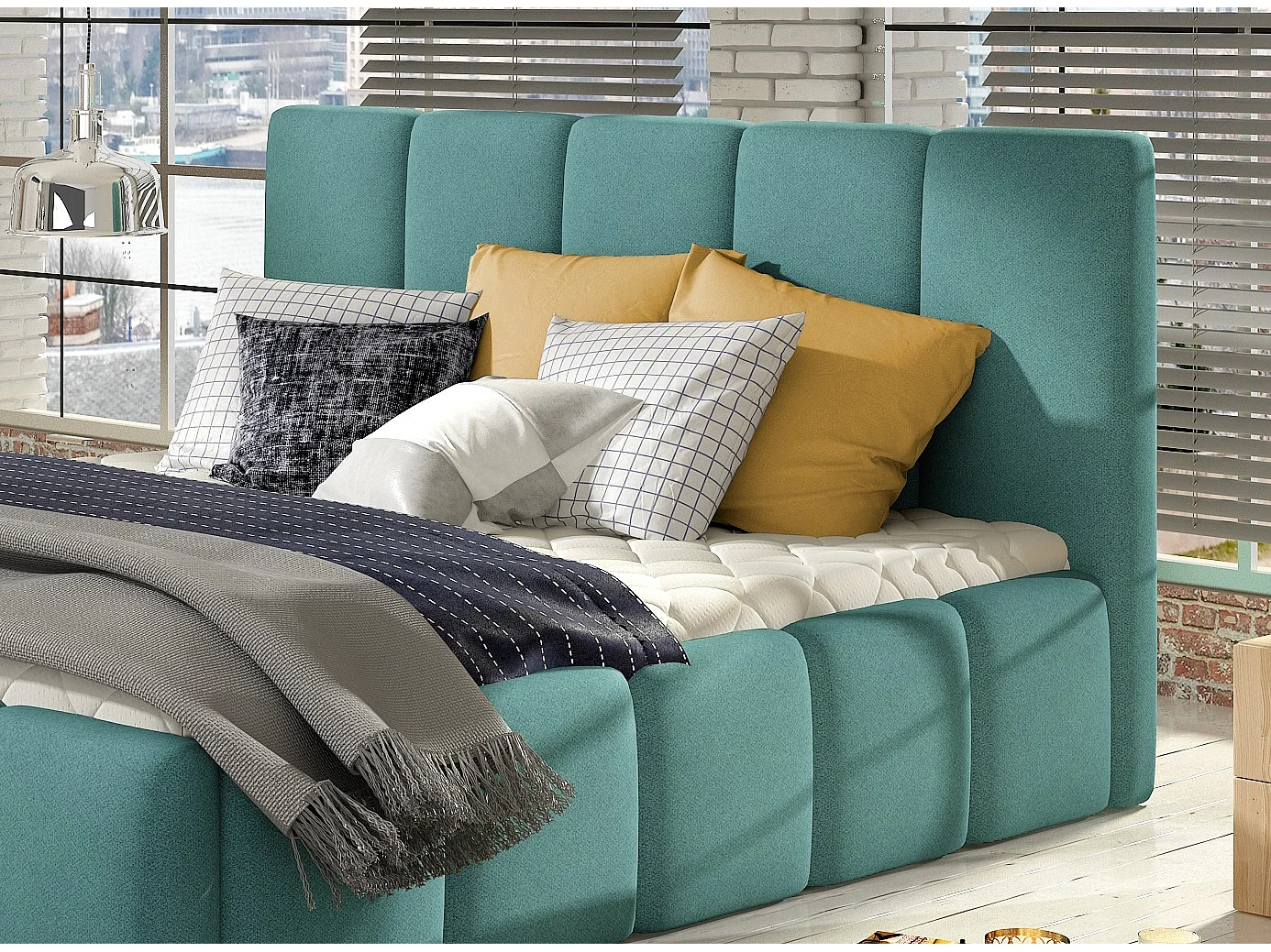 Lit moderne capitonné tissu Vika-Couleur Vert céladon-160x200-Version avec sommier