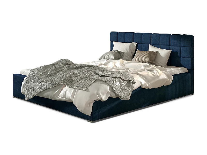 Volwassen bed met opbergdoos Kanda – Gewatteerd fluweel-Kleur Donkerblauw-Slapen 140x200cm