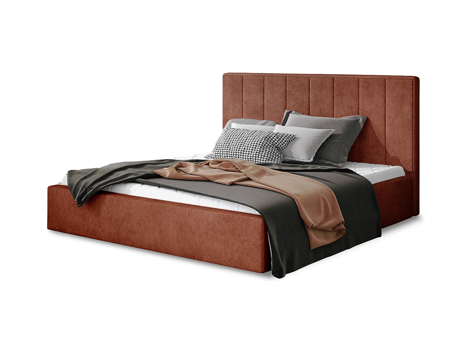 Lit adulte avec coffre de rangement Vareza – Tissu matelassé-Rouge tomette-140x200