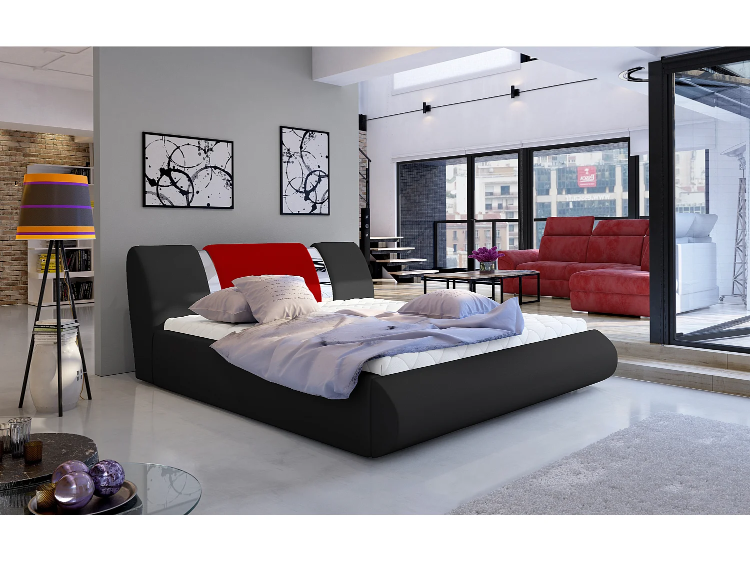 Lit coffre 140x200 simili noir-rouge et métal chromé Flavien