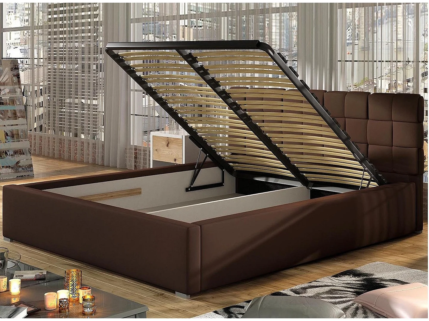 Volwassenenbed met opbergbox Vika – Gewatteerde stof-Kleur Grijs-Slapen 160x200cm