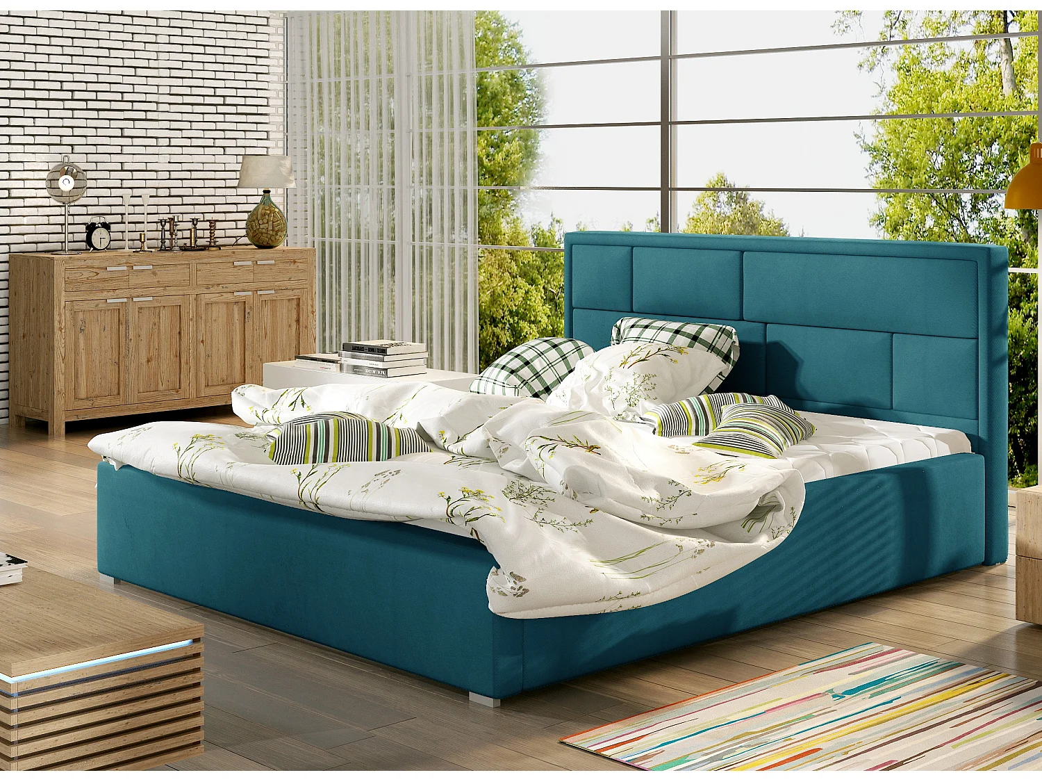 Lenzo volwassenenbed met opbergdoos – Gewatteerd fluweel-Kleur Blauwe Eend-Slapen 160x200cm