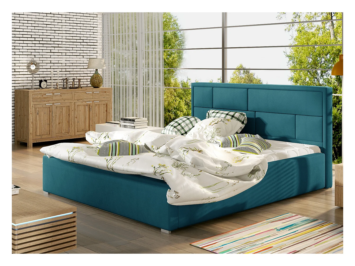 Lit avec coffre velours bleu canard tête de lit capitonnée Lenzo - 4 tailles-160x200