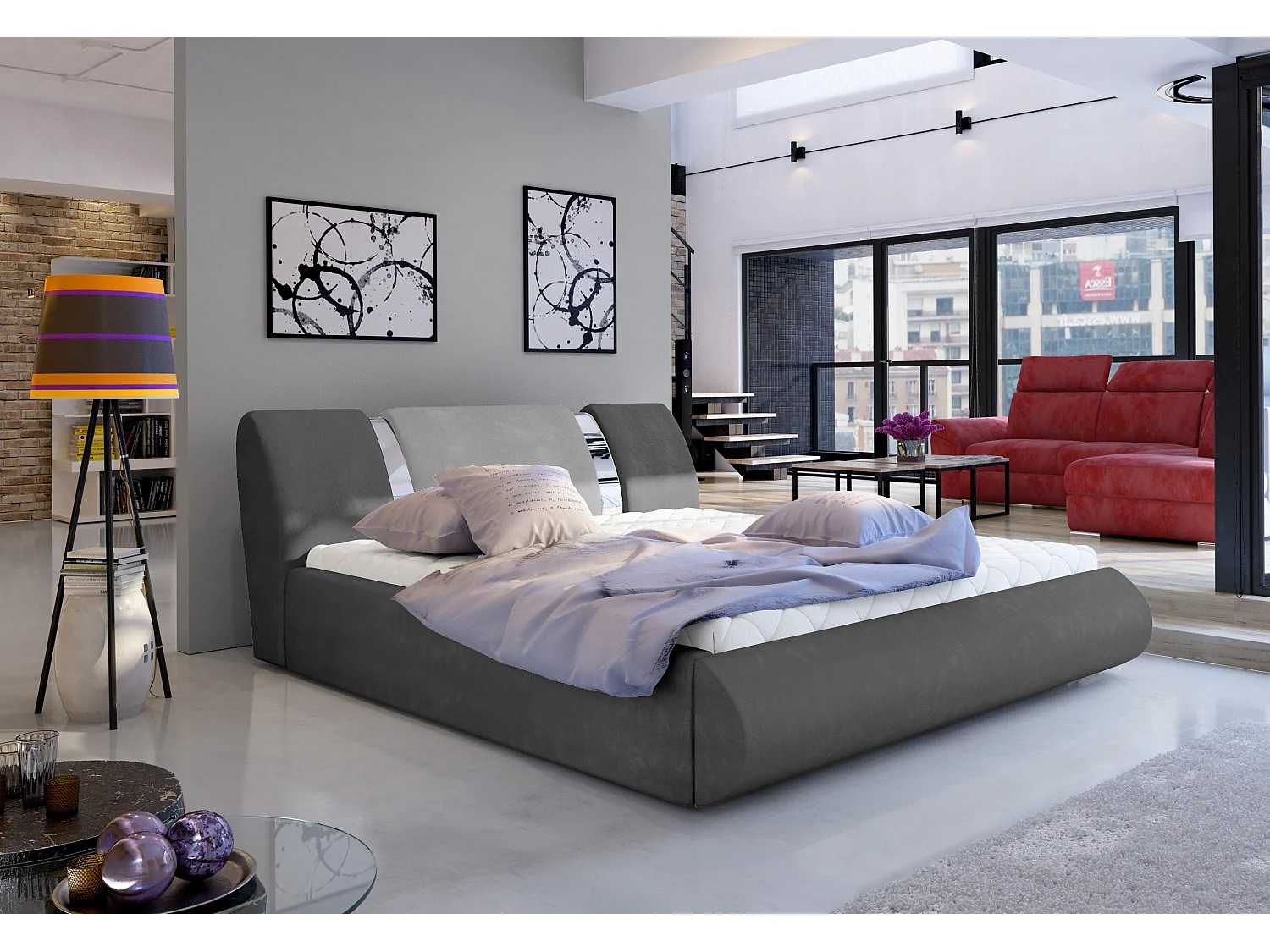 Lit coffre 140x200 tissu gris foncé-clair et métal chromé Flavien