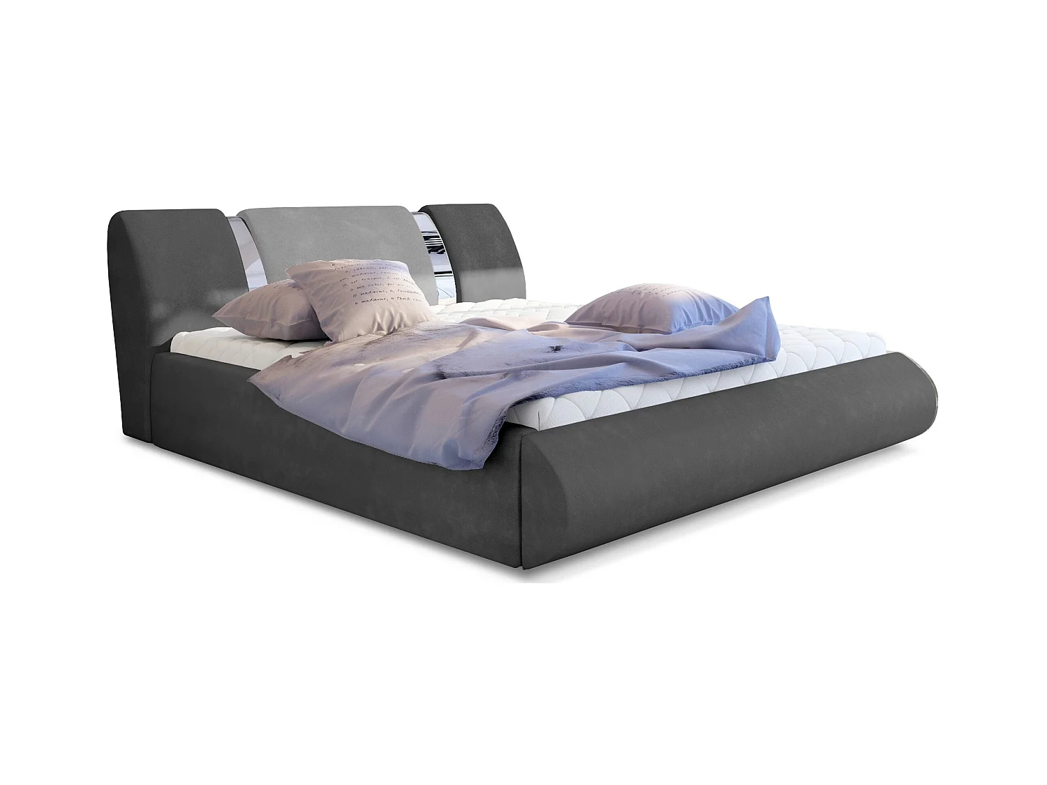 Lit coffre 140x200 tissu gris foncé-clair et métal chromé Flavien