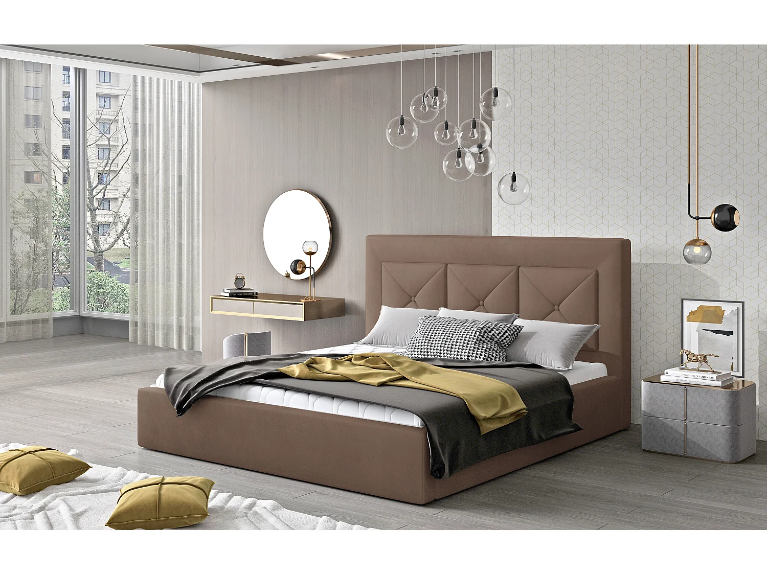 Lit double rembourré en velours Clarin-Couleur Marron clair-200x200-Version avec sommier