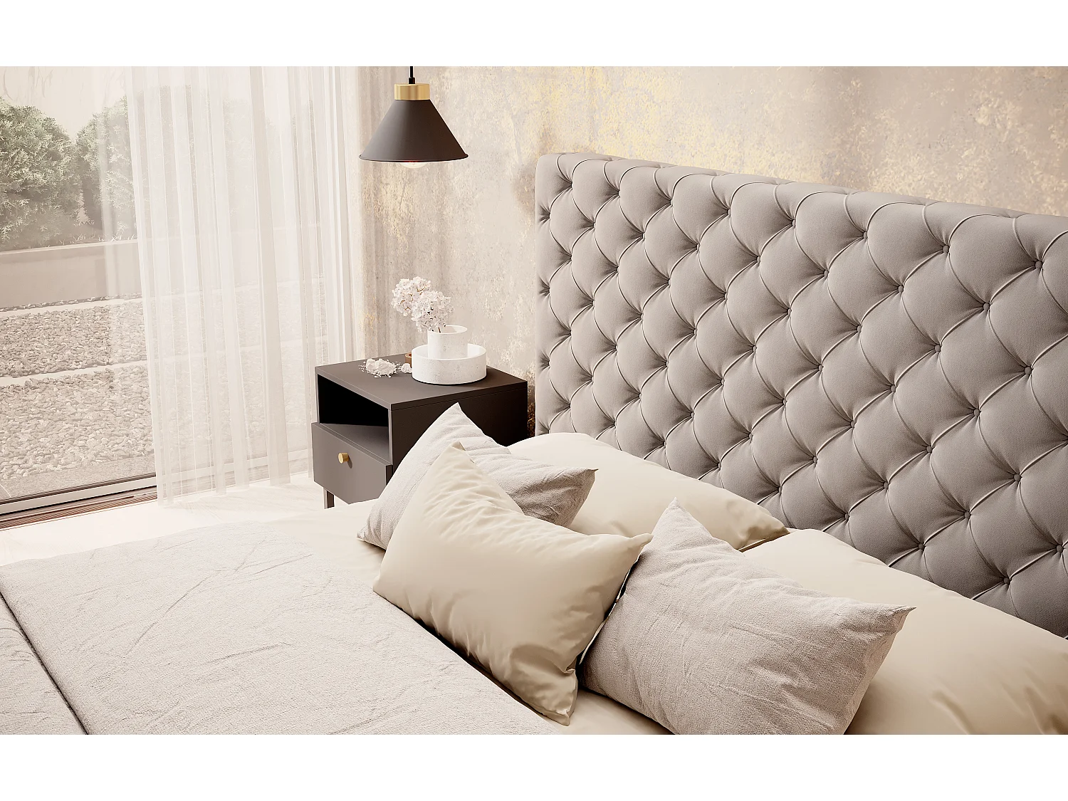 Lit design avec tête de lit et coffre capitonné velours marron Prince - 3 tailles-160x200