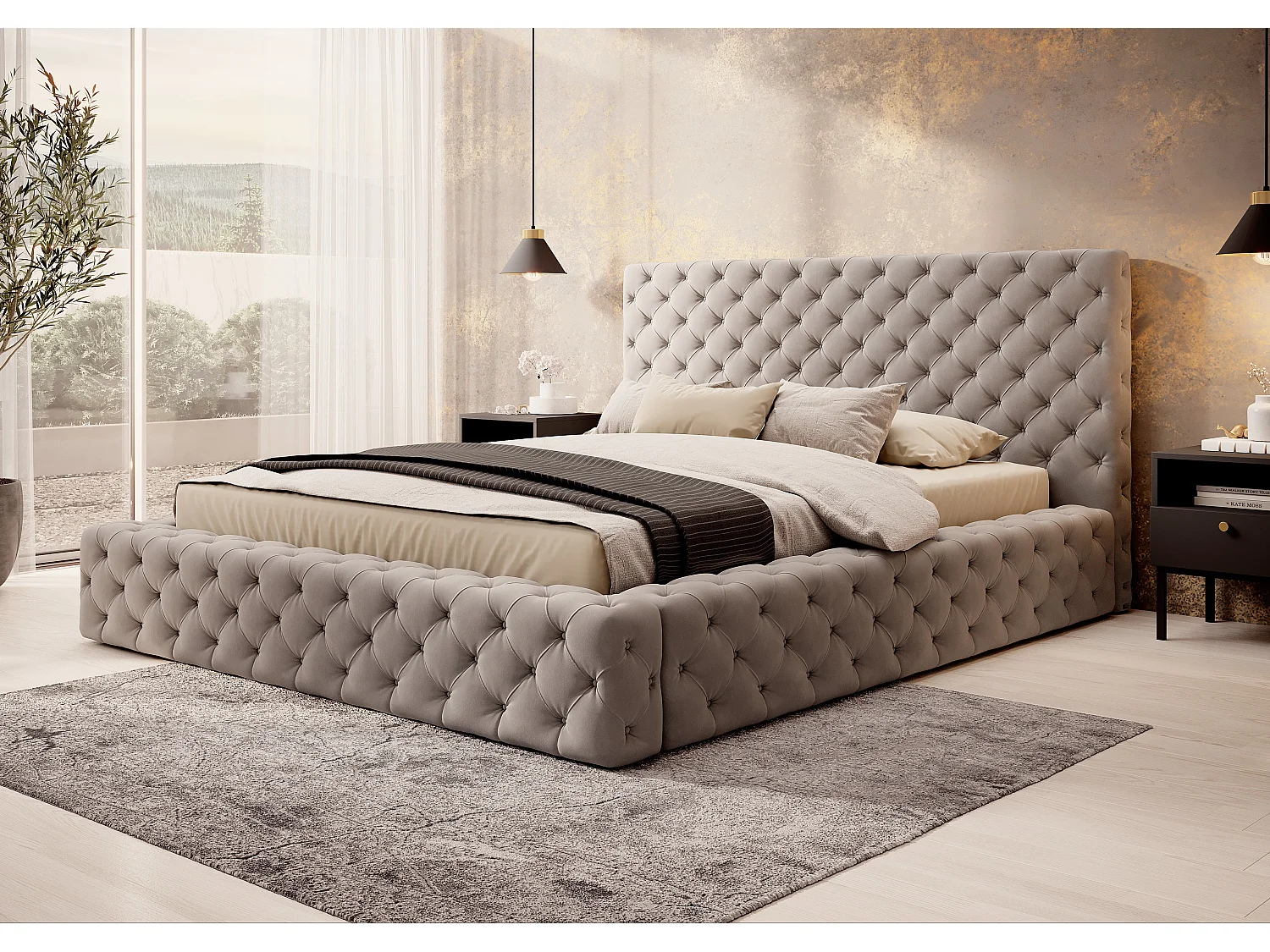 Lit design avec tête de lit et coffre capitonné velours marron Prince - 3 tailles-160x200