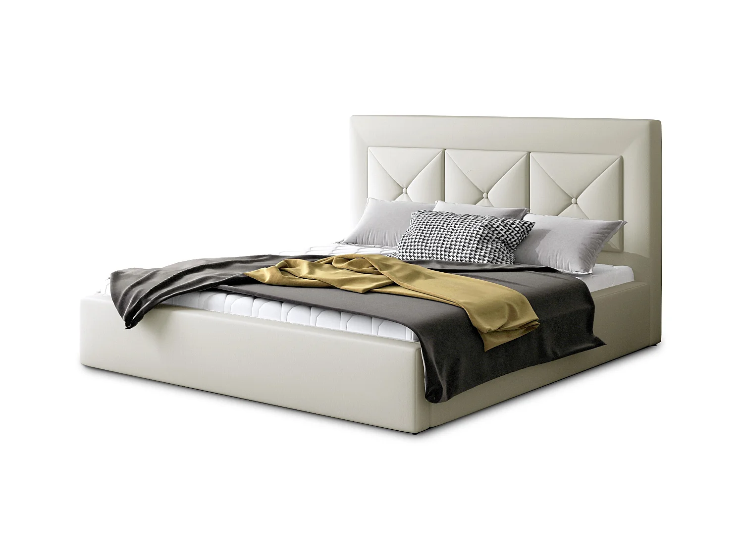 Lit double rembourré en simili cuir Clarin-Couleur Crème-160x200-Version avec sommier