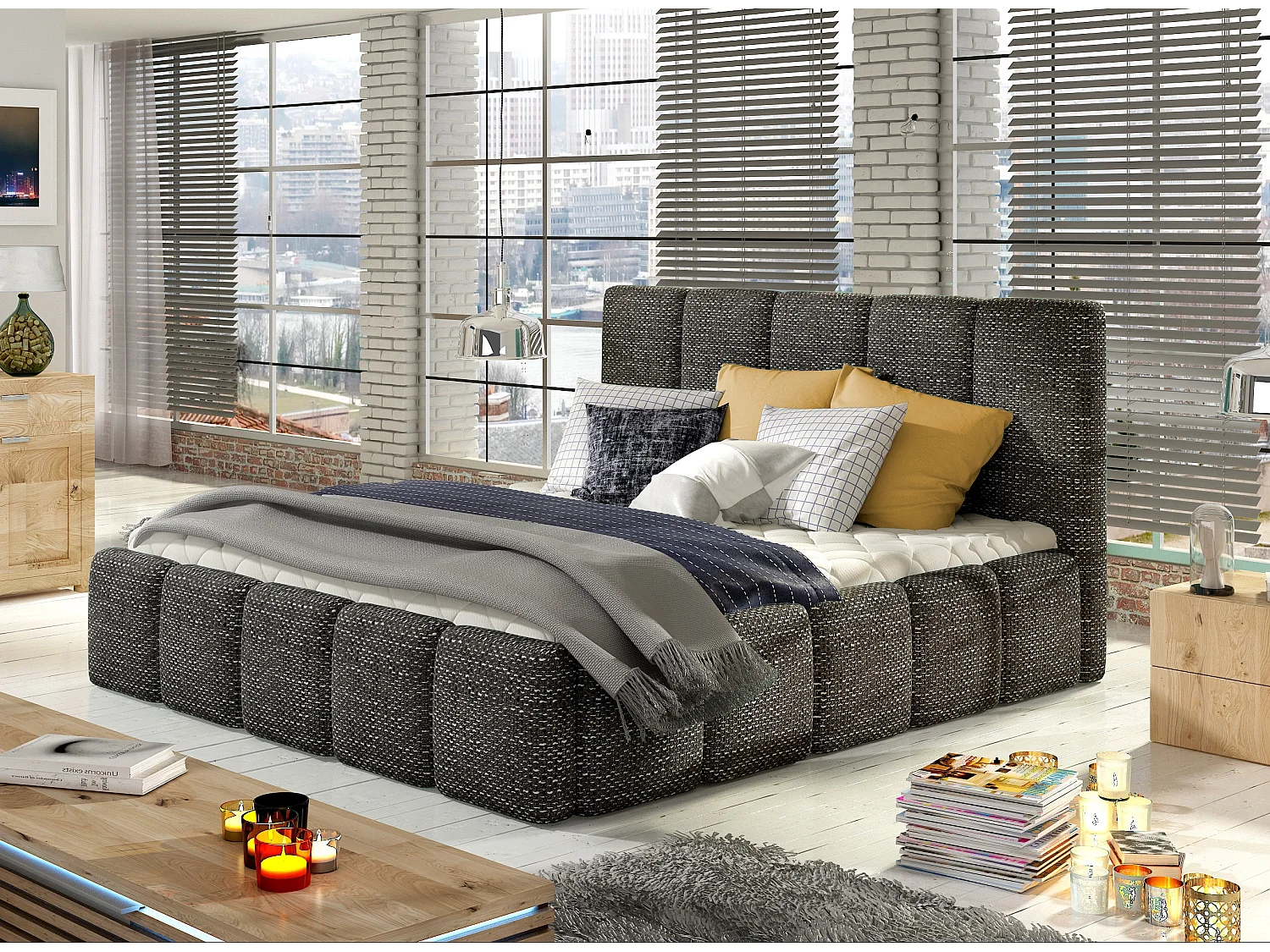 Lit moderne capitonné tissu Vika-Couleur Noir chiné-140x200