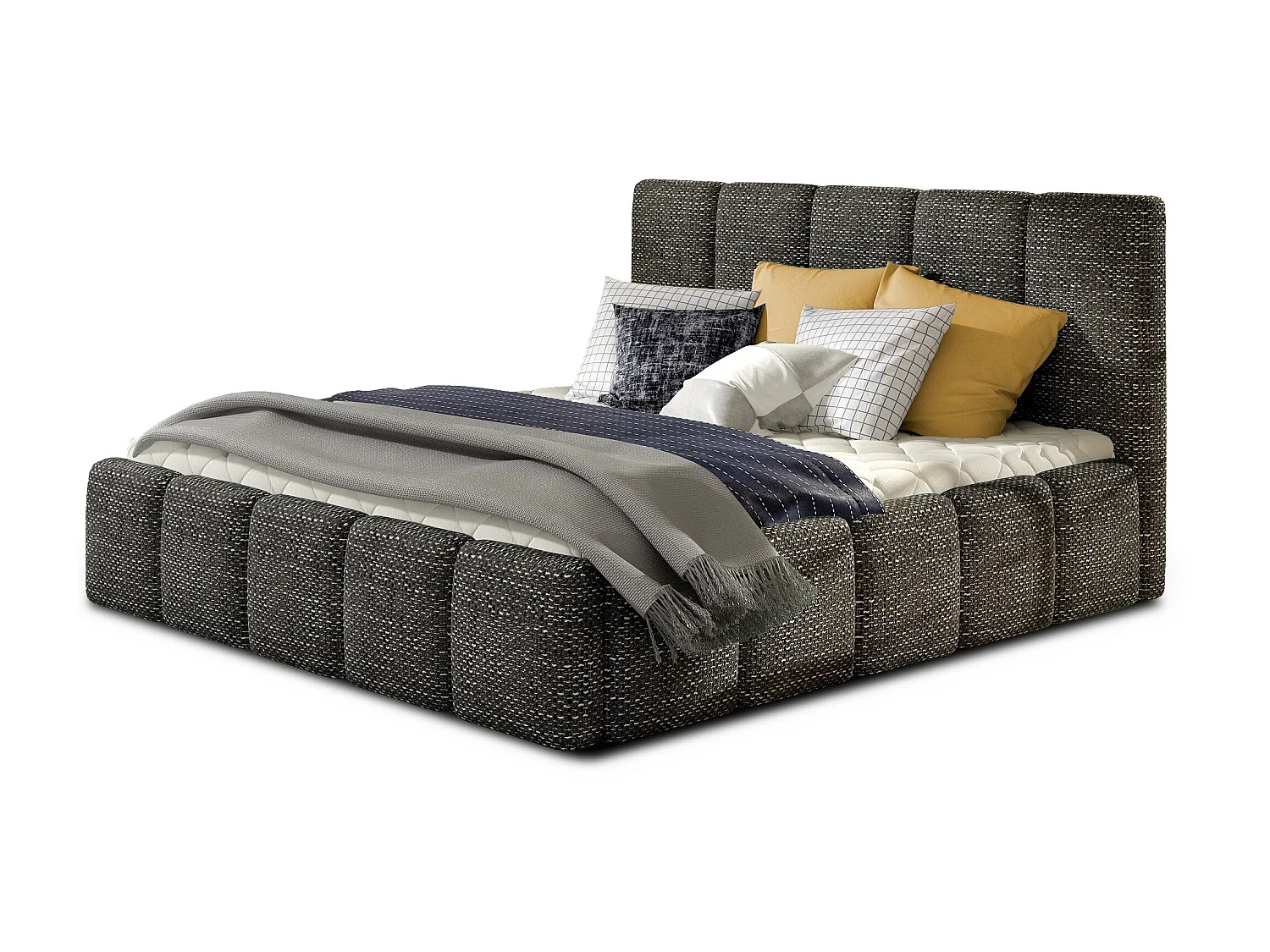 Modern gestoffeerd bed in Vika-stof-Kleur Heide zwart-Slapen 140x200cm-Versie zonder boxspring