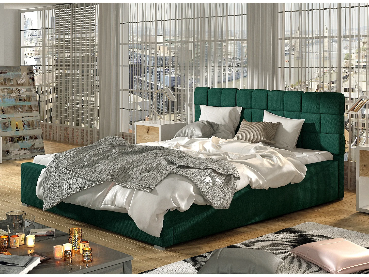 Lit avec coffre de rangement 140x200 capitonné velours vert Kandy