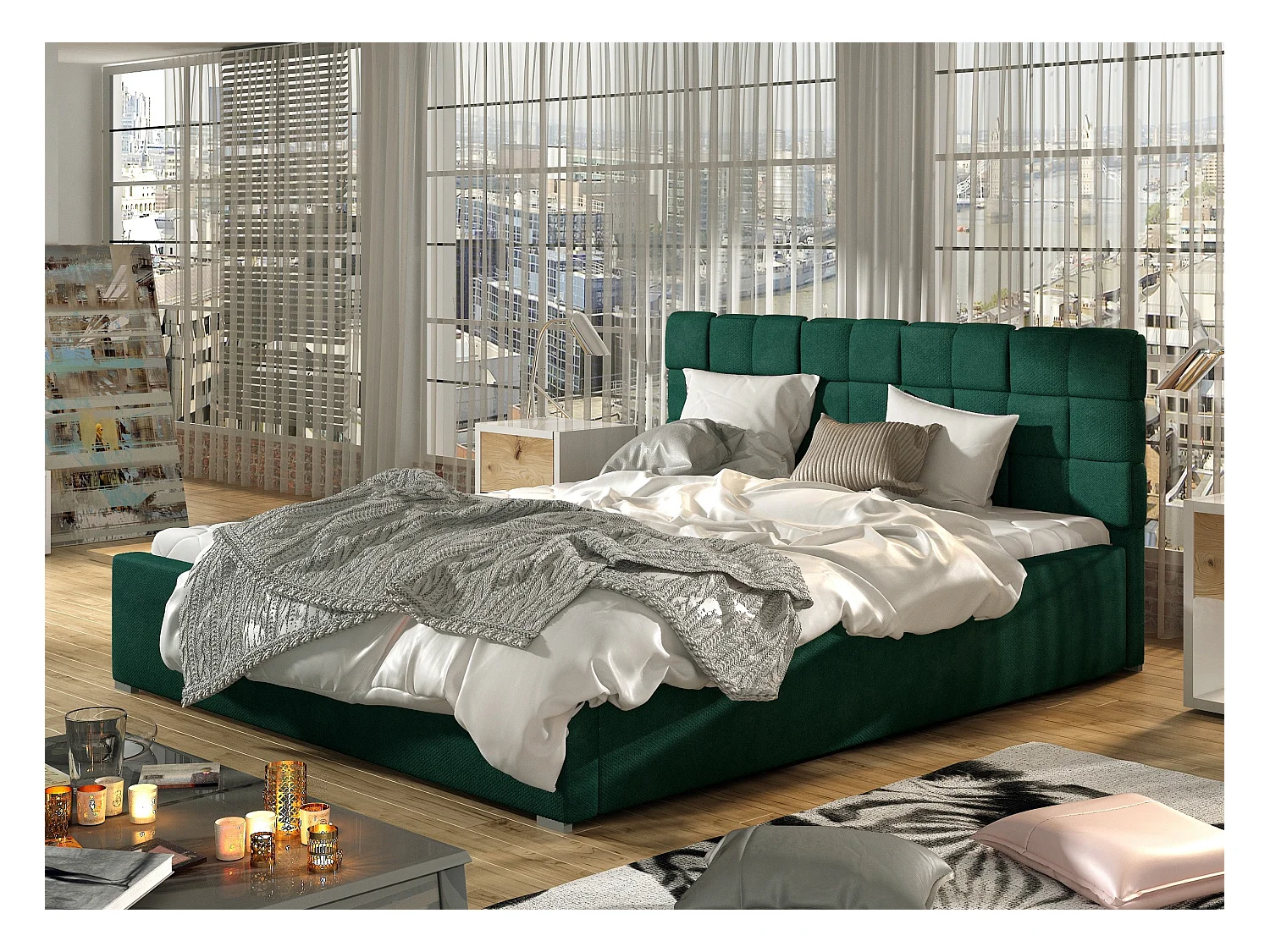 Lit avec coffre de rangement 140x200 capitonné velours vert Kandy