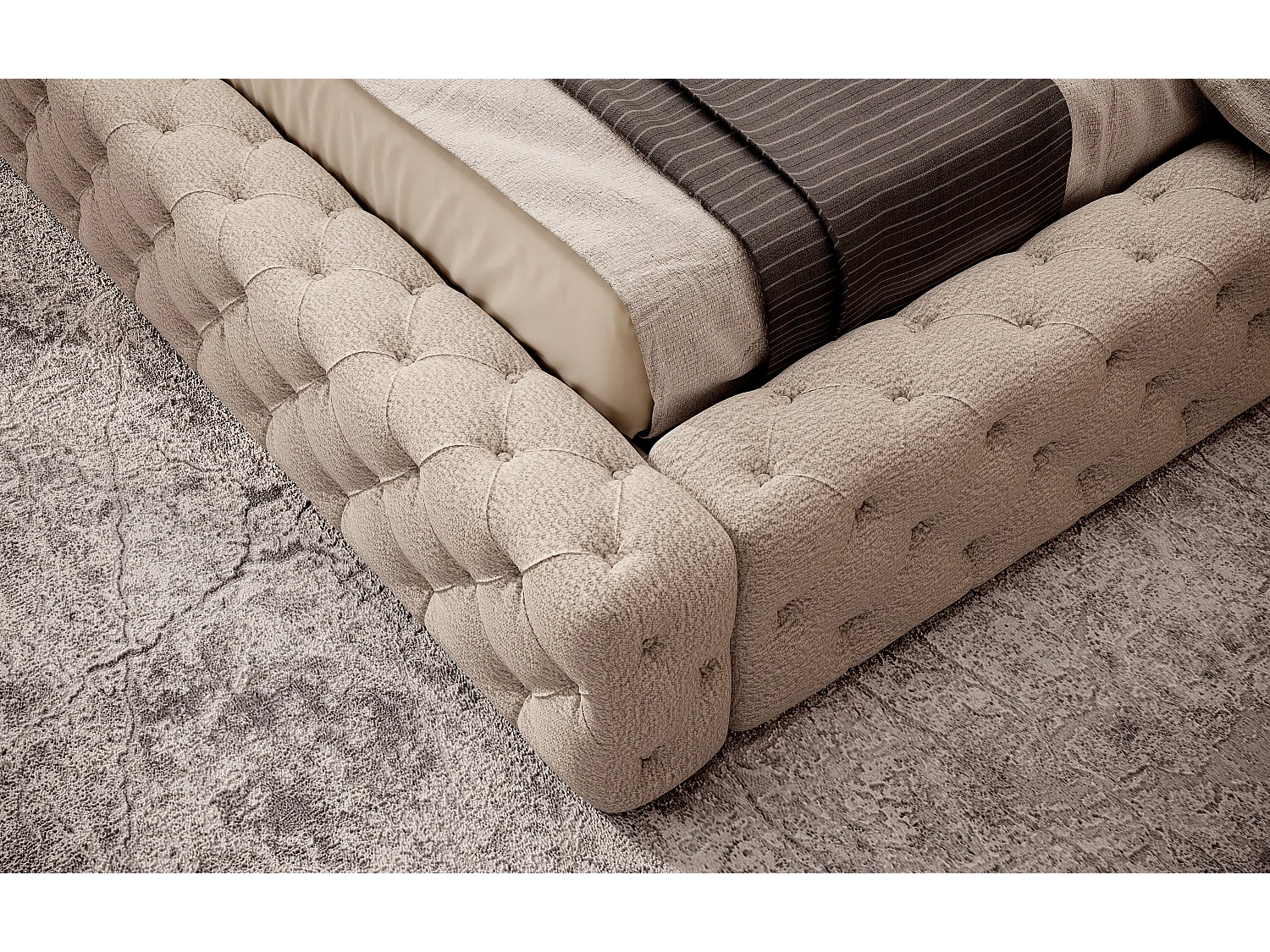 Lit design avec tête de lit et coffre capitonné velours beige foncé Prince - 3 tailles-140x200