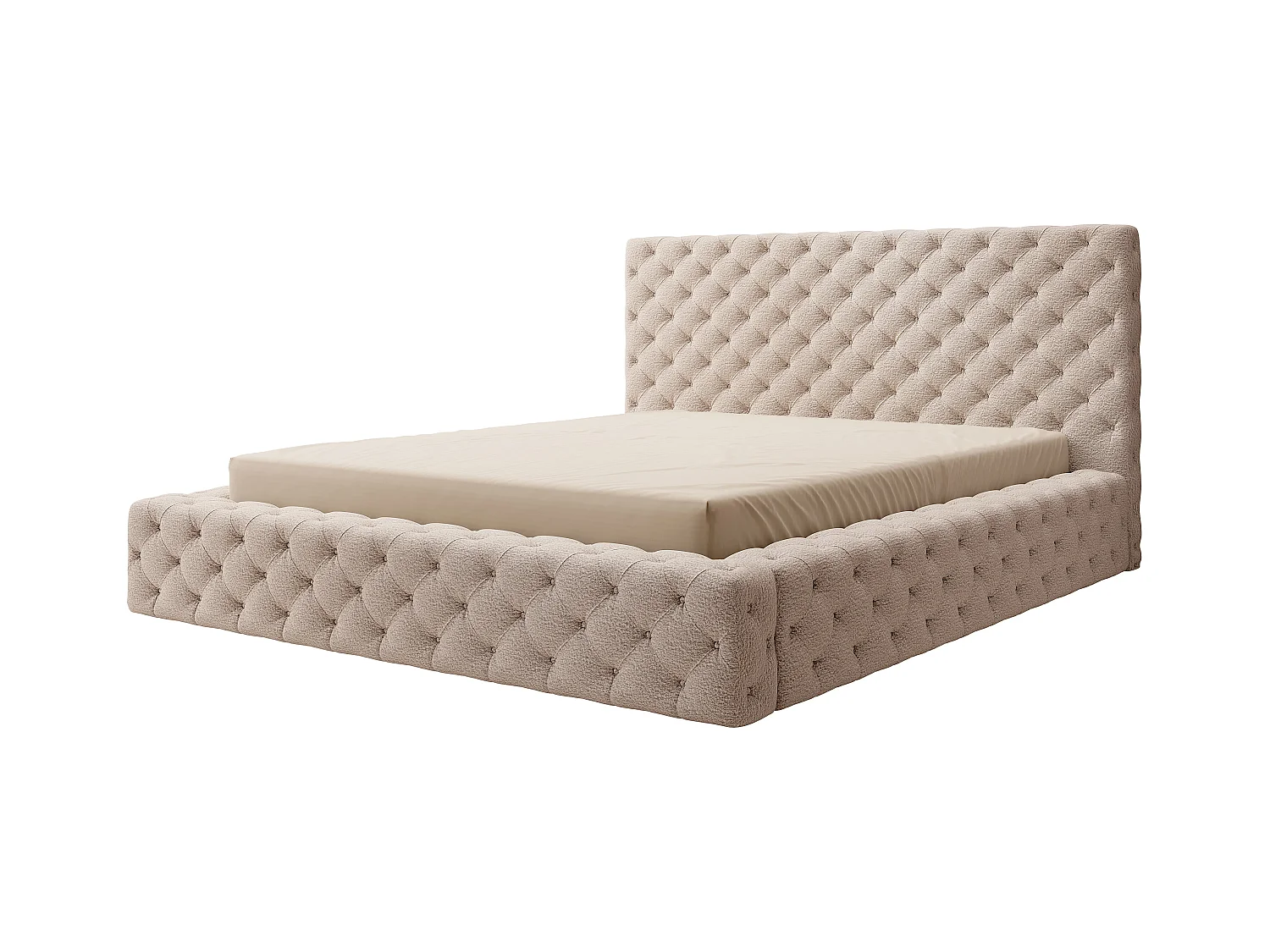 Lit design avec tête de lit et coffre capitonné velours beige foncé Prince - 3 tailles-140x200