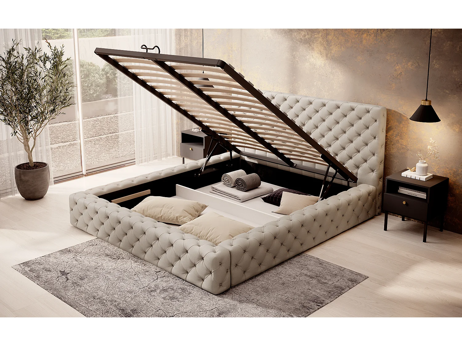 Lit design avec tête de lit et coffre capitonné simili cuir beige Prince-140x200