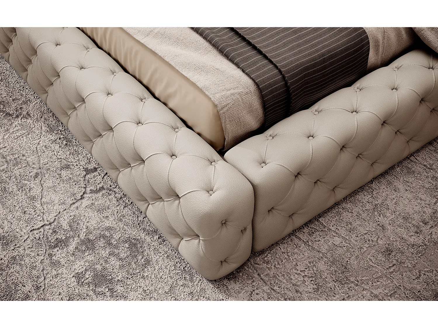 Lit design avec tête de lit et coffre capitonné simili cuir beige Prince-140x200