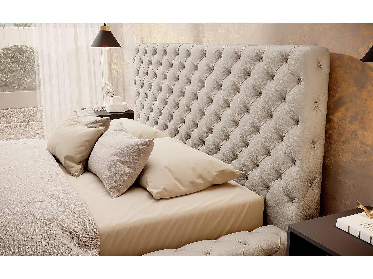 Lit design avec tête de lit et coffre capitonné simili cuir beige Prince-140x200