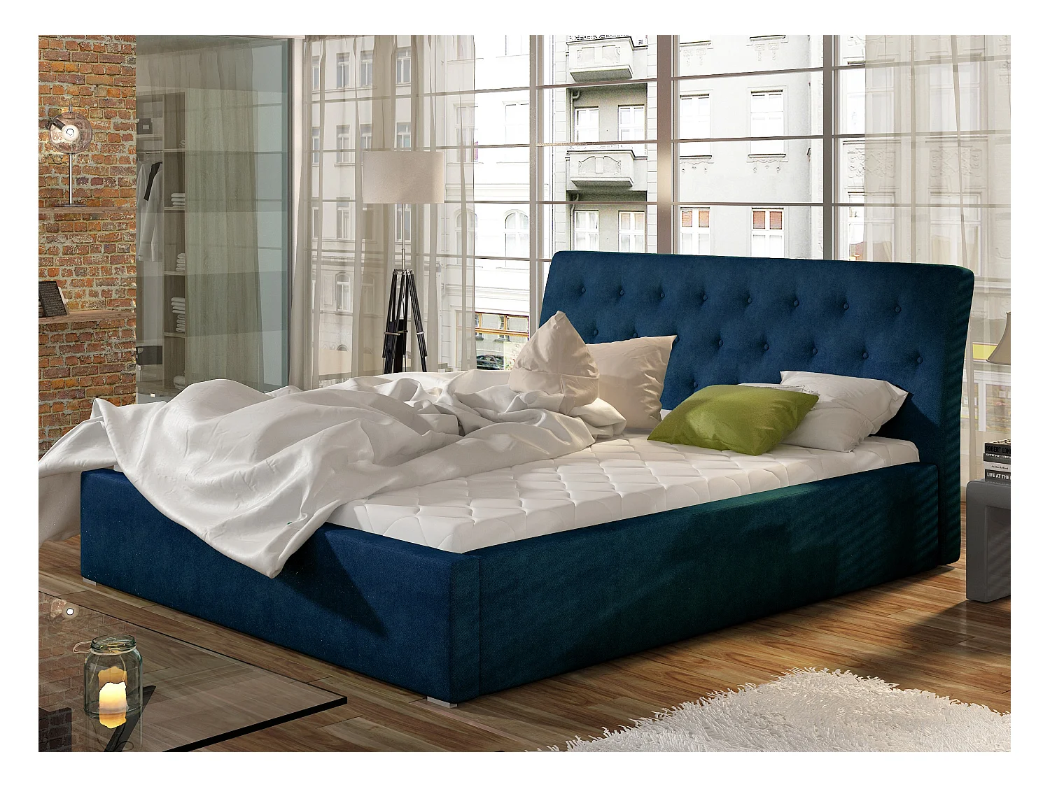 Venizia gewatteerd fluwelen bed-Kleur Middernacht blauw-Slapen 160x200cm-Versie met boxspring