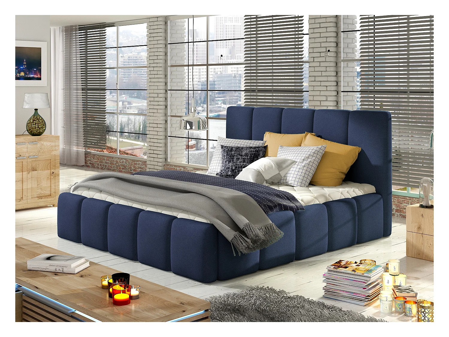 Modern gestoffeerd bed in Vika-stof-Kleur Middernacht blauw-Slapen 160x200cm-Versie opslagruimte