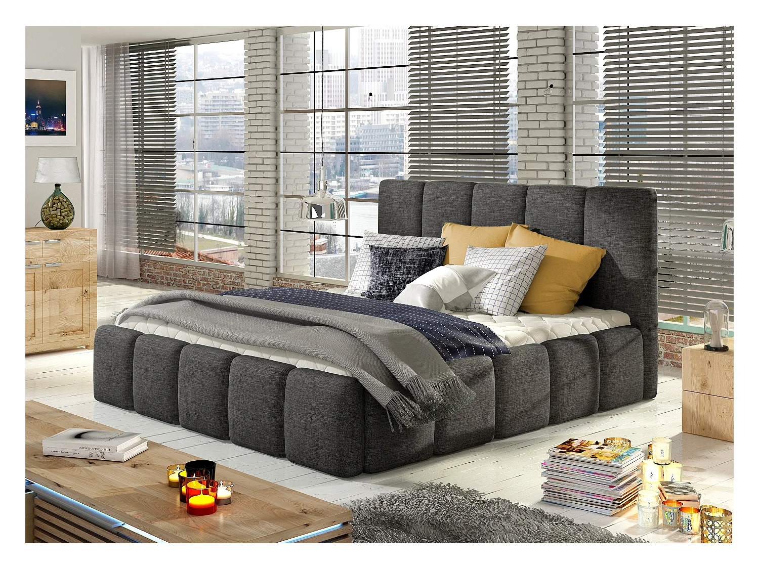 Modern gestoffeerd bed in Vika-stof-Kleur Middernacht blauw-Slapen 160x200cm-Versie opslagruimte