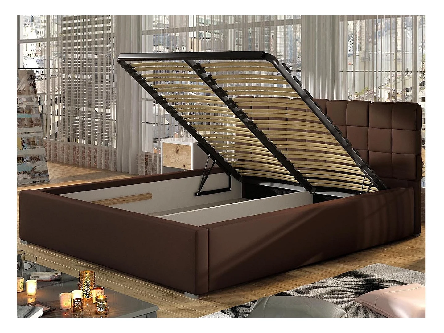 Modern gestoffeerd bed in Vika-stof-Kleur Middernacht blauw-Slapen 160x200cm-Versie opslagruimte
