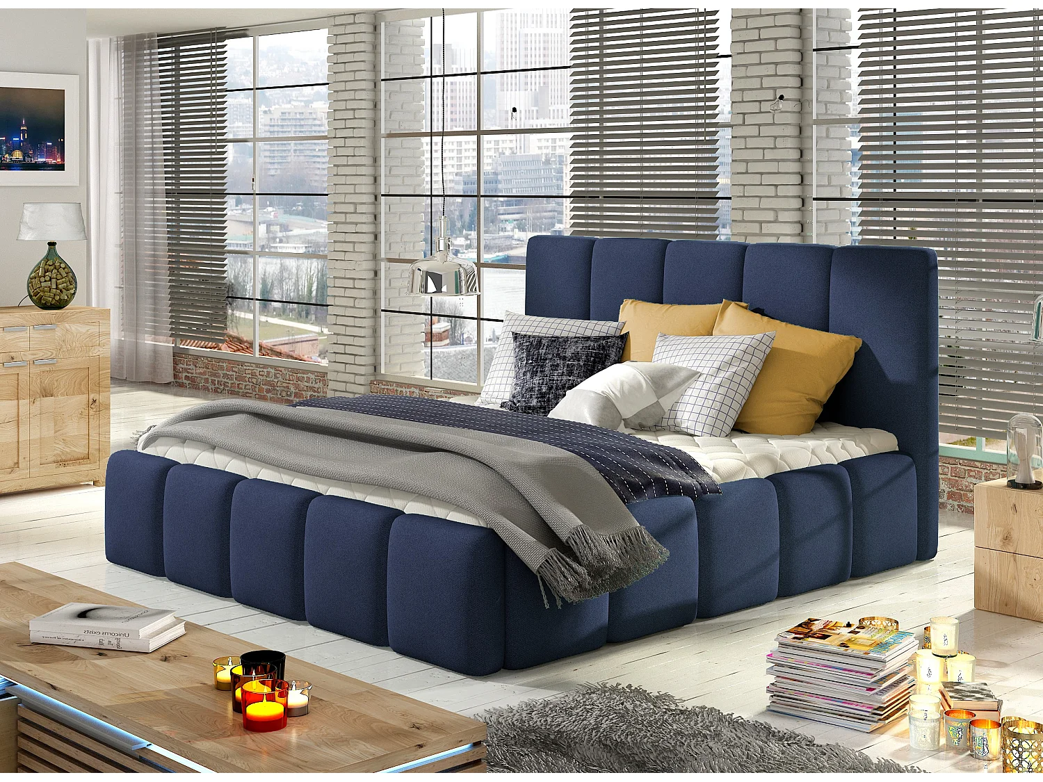 Modern gestoffeerd bed in Vika-stof-Kleur Middernacht blauw-Slapen 160x200cm-Versie opslagruimte